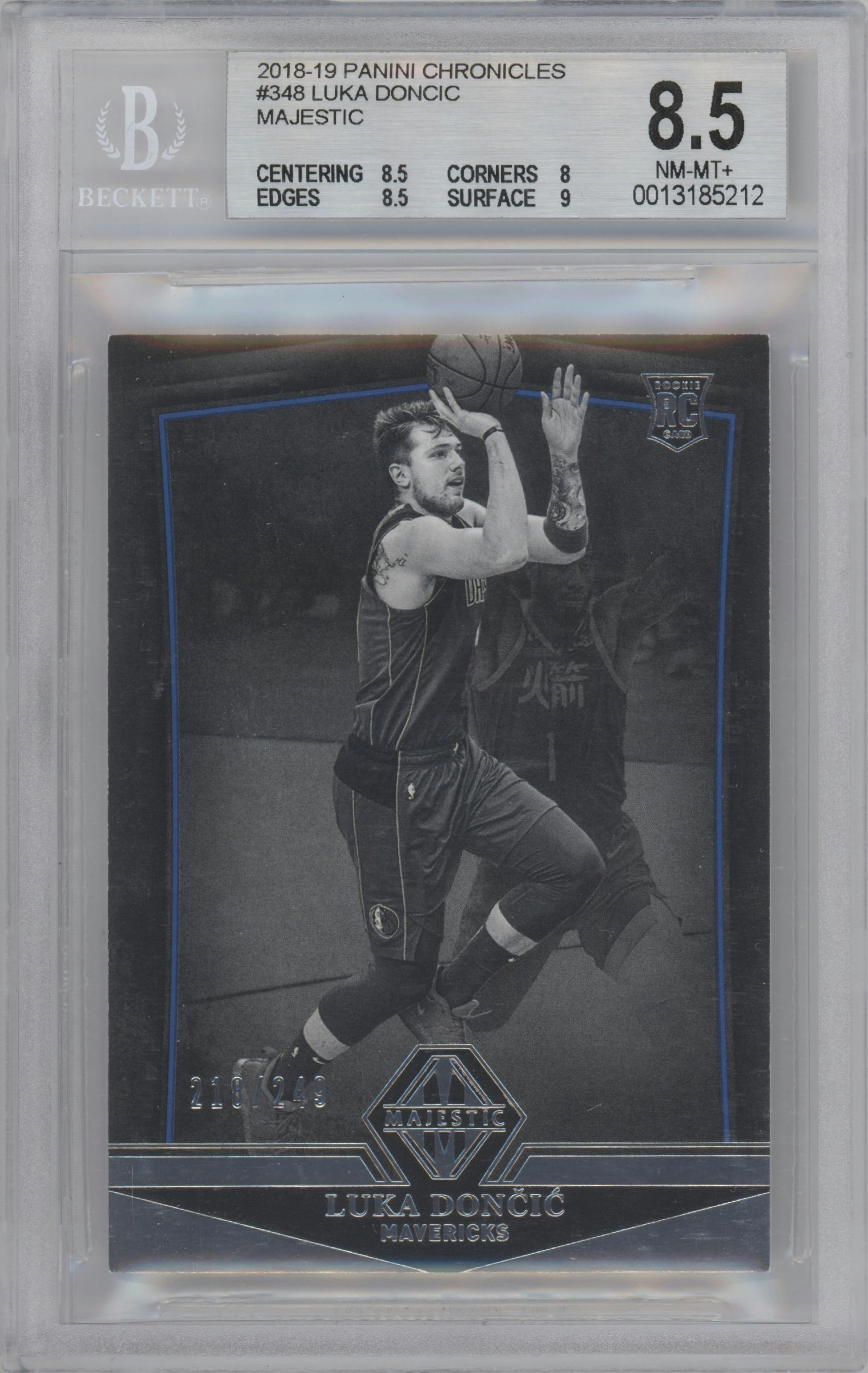 Luka Doncic from the 2018-19 Panini Chronicles set graded by Beckett and given an overall grade of 8.5.