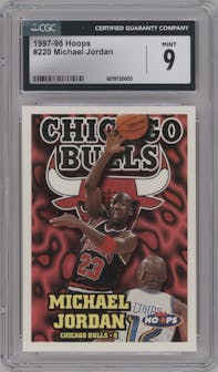 Michael Jordan  from the 1997-98 NBA Hoops set graded by CSG and given an overall grade of 9.
