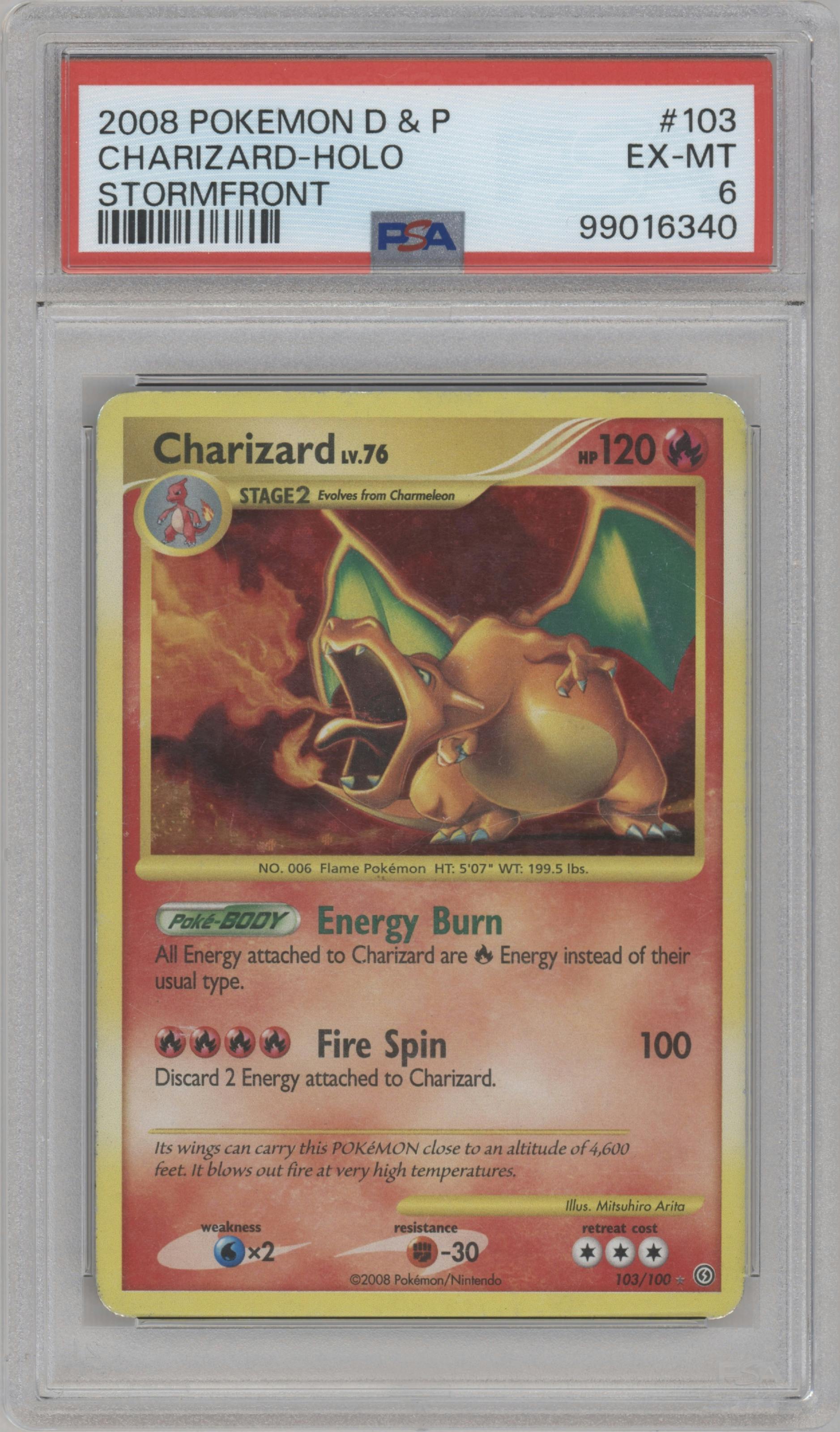 Charizard from the 2008 Pokemon D&P set graded by PSA and given an overall grade of 6.