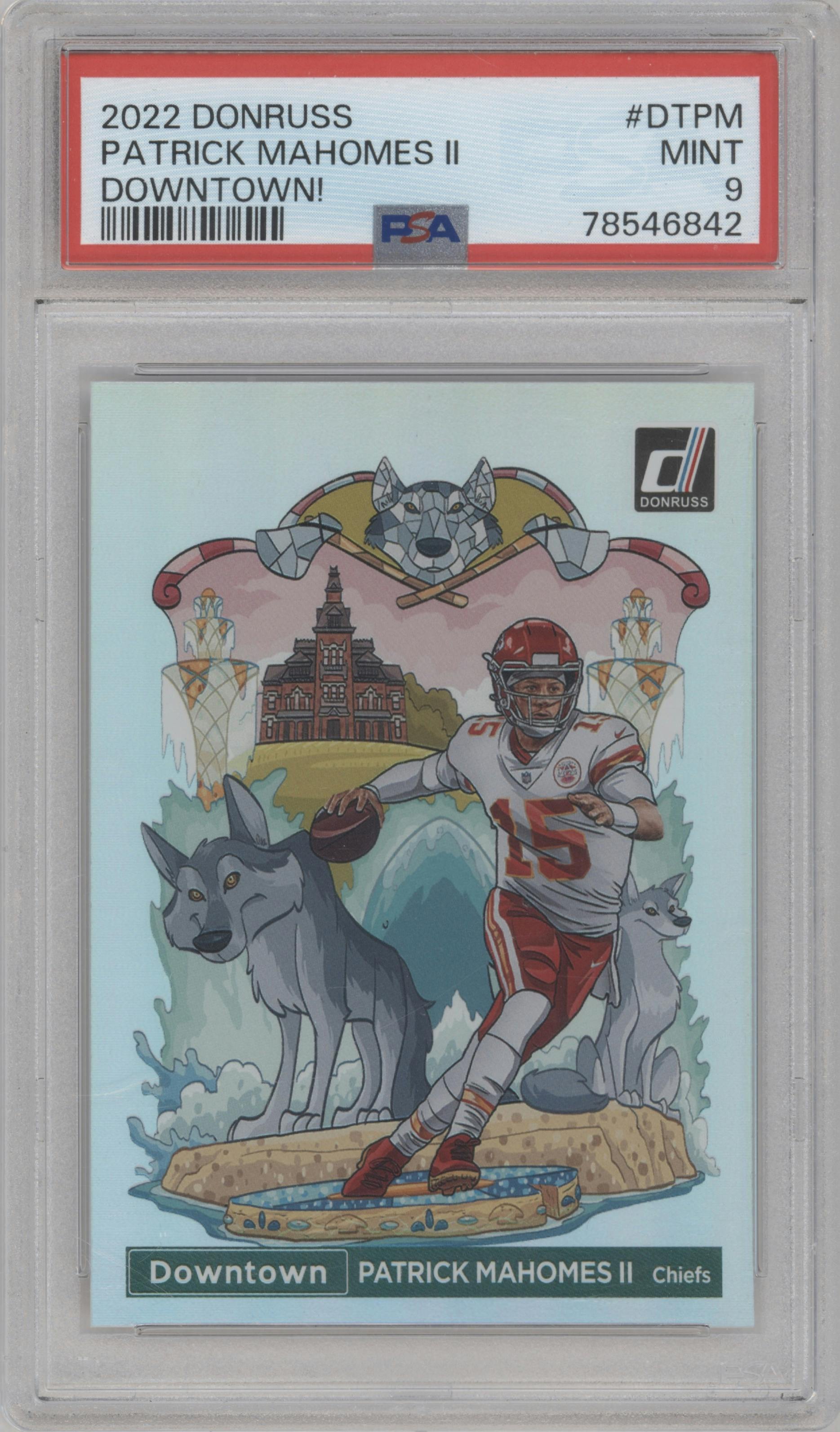 Patrick Mahomes II from the 2022 Panini Donruss set graded by PSA and given an overall grade of 9.