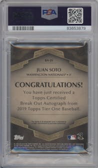 Juan Soto from the 2019 Topps Tier One set graded by PSA and given an overall grade of 7.