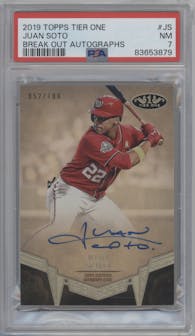 Juan Soto from the 2019 Topps Tier One set graded by PSA and given an overall grade of 7.