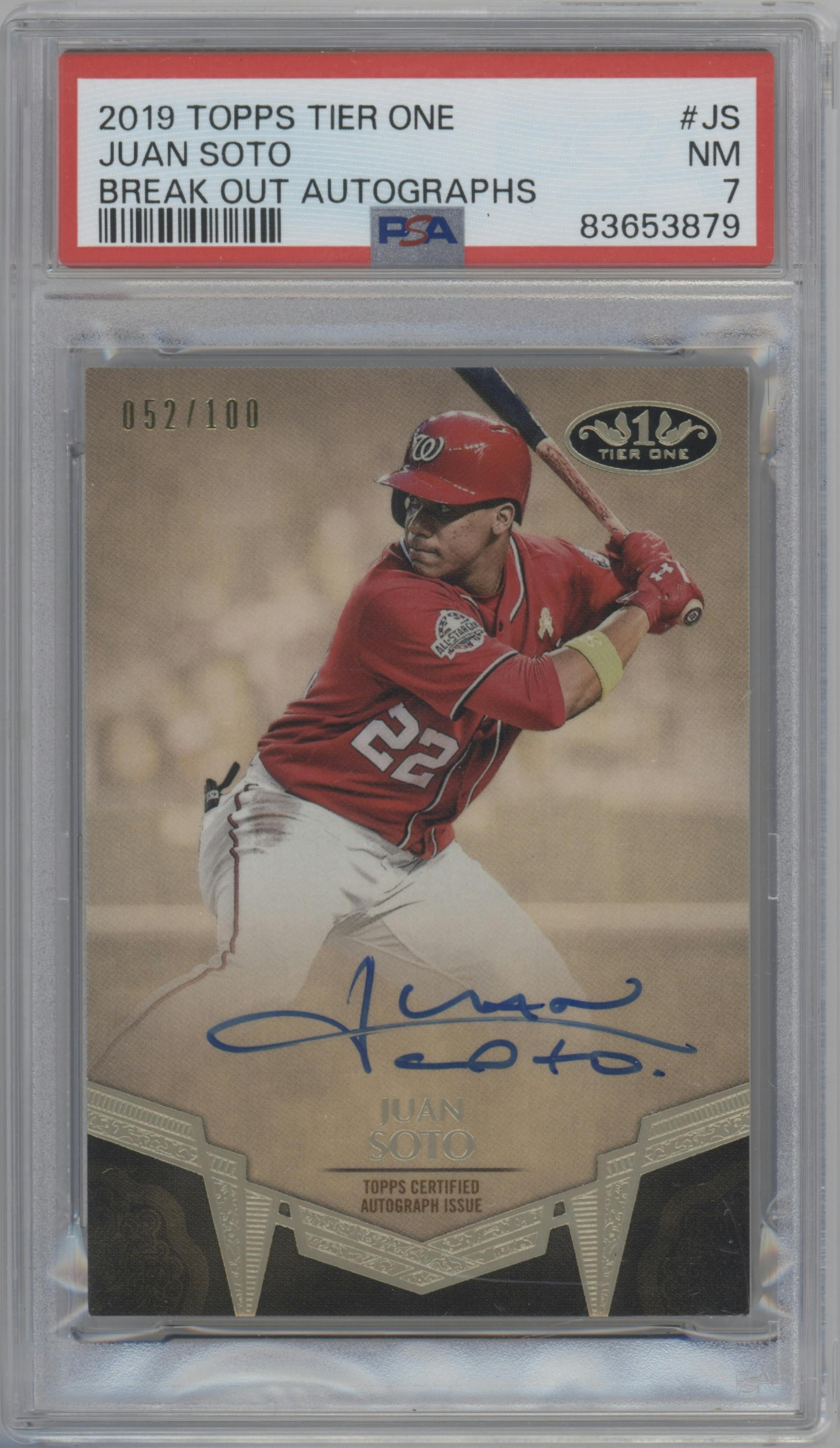 Juan Soto from the 2019 Topps Tier One set graded by PSA and given an overall grade of 7.