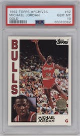 Michael Jordan from the 1992-93 Topps Archives set featuring a Gold parallel graded by PSA and given an overall grade of 10.