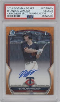 Brandon Winokur from the 2023 Bowman Draft set featuring a Orange Wave Refractor parallel graded by PSA and given an overall grade of 10.