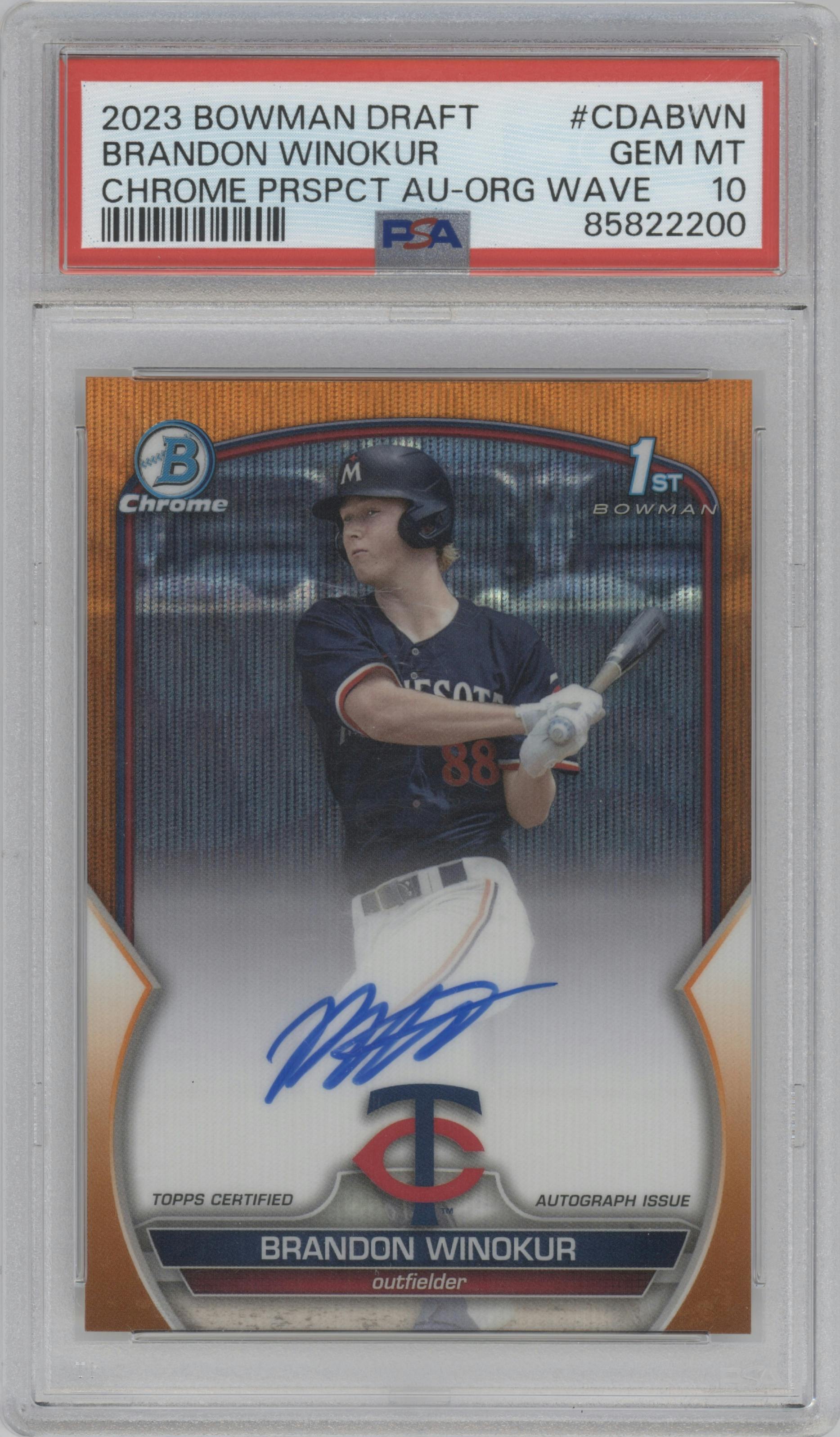 Brandon Winokur from the 2023 Bowman Draft set featuring a Orange Wave Refractor parallel graded by PSA and given an overall grade of 10.