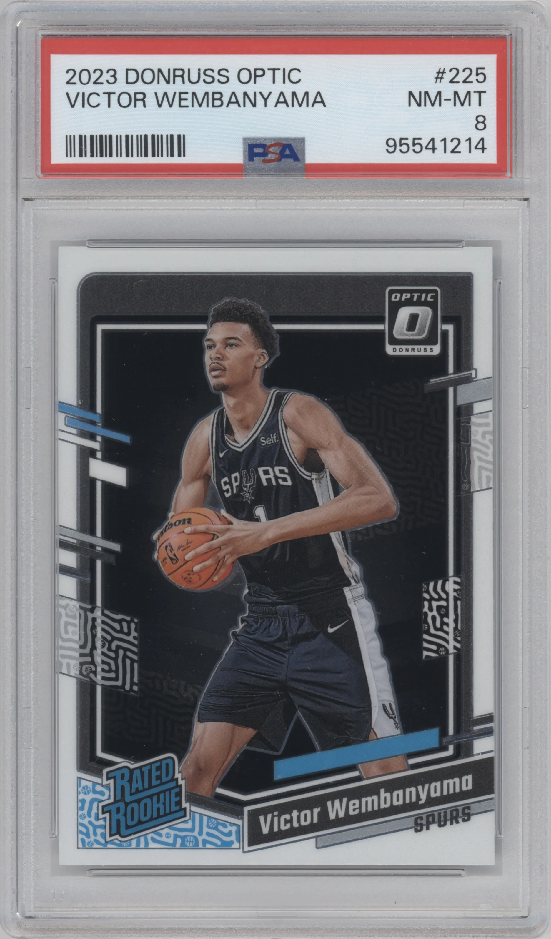 Victor Wembanyama from the 2023-24 Donruss Optic set graded by PSA and given an overall grade of 8.