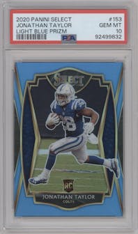 Jonathan Taylor from the 2020 Panini Select set featuring a Light Blue Prizm  parallel graded by PSA and given an overall grade of 10.