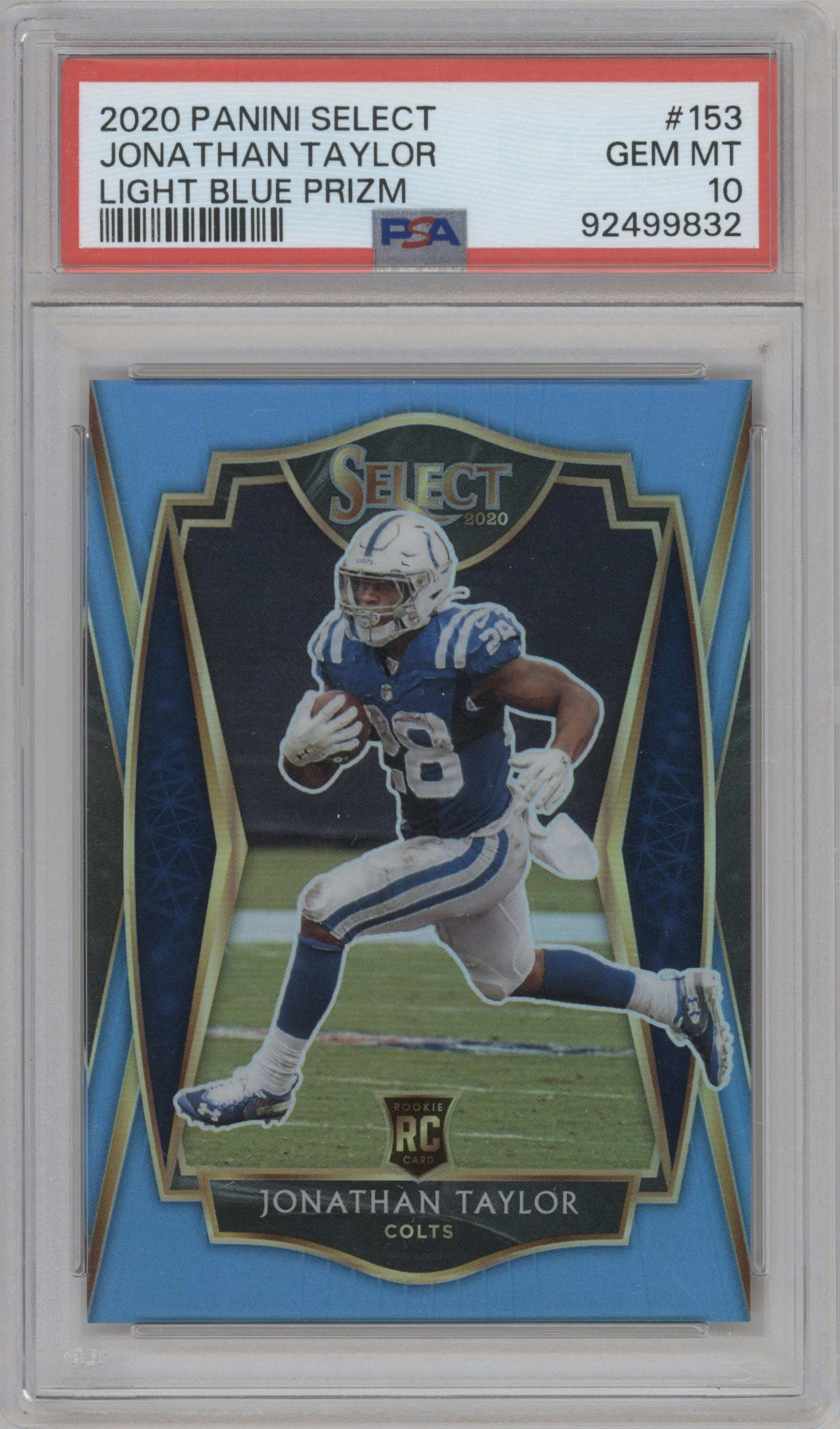 Jonathan Taylor from the 2020 Panini Select set featuring a Light Blue Prizm  parallel graded by PSA and given an overall grade of 10.