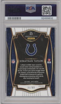 Jonathan Taylor from the 2020 Panini Select set featuring a Light Blue Prizm  parallel graded by PSA and given an overall grade of 10.