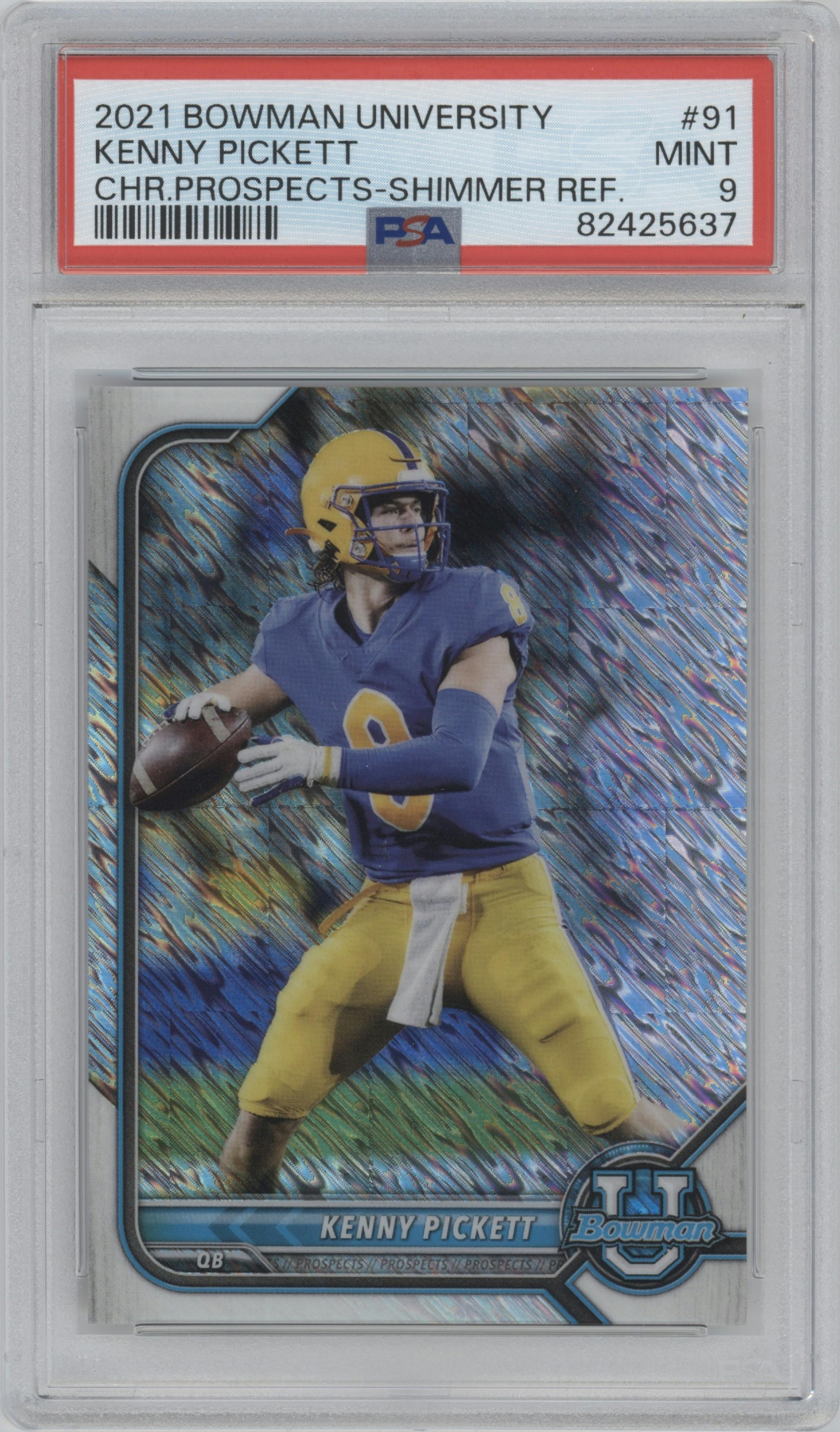 Kenny Pickett from the 2021-22 Bowman University set featuring a Shimmer Refractor parallel graded by PSA and given an overall grade of 9.