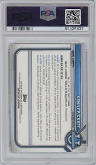 Kenny Pickett from the 2021-22 Bowman University set featuring a Shimmer Refractor parallel graded by PSA and given an overall grade of 9.
