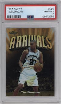 Tim Duncan from the 1997-98 Topps Finest set graded by PSA and given an overall grade of 10.