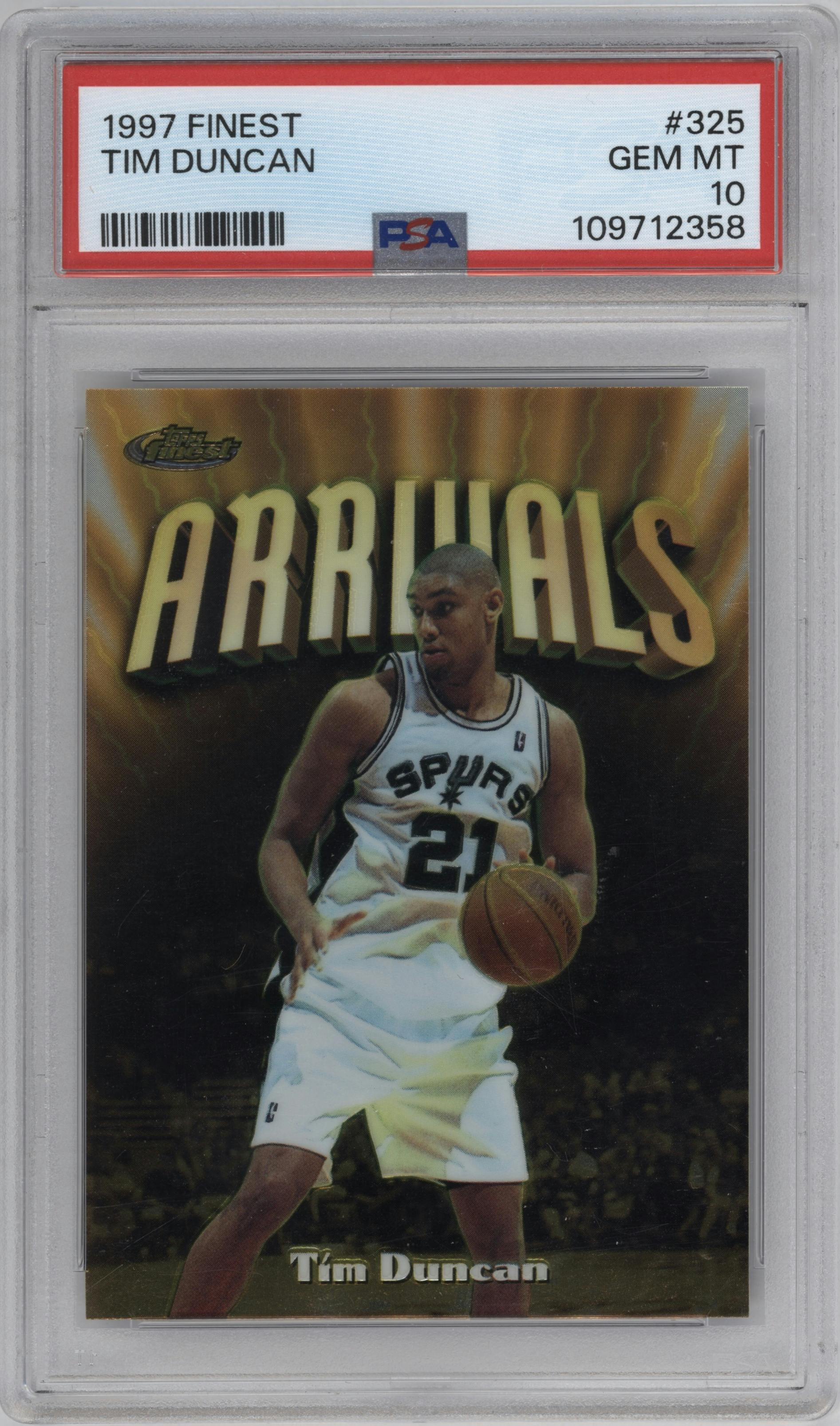 Tim Duncan from the 1997-98 Topps Finest set graded by PSA and given an overall grade of 10.