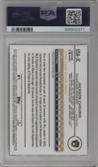 Jackson Chourio from the 2024 Topps Chrome Update Sapphire Edition set featuring a Black Sapphire Refractor parallel graded by PSA and given an overall grade of 10.