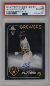 Jackson Chourio from the 2024 Topps Chrome Update Sapphire Edition set featuring a Black Sapphire Refractor parallel graded by PSA and given an overall grade of 10.