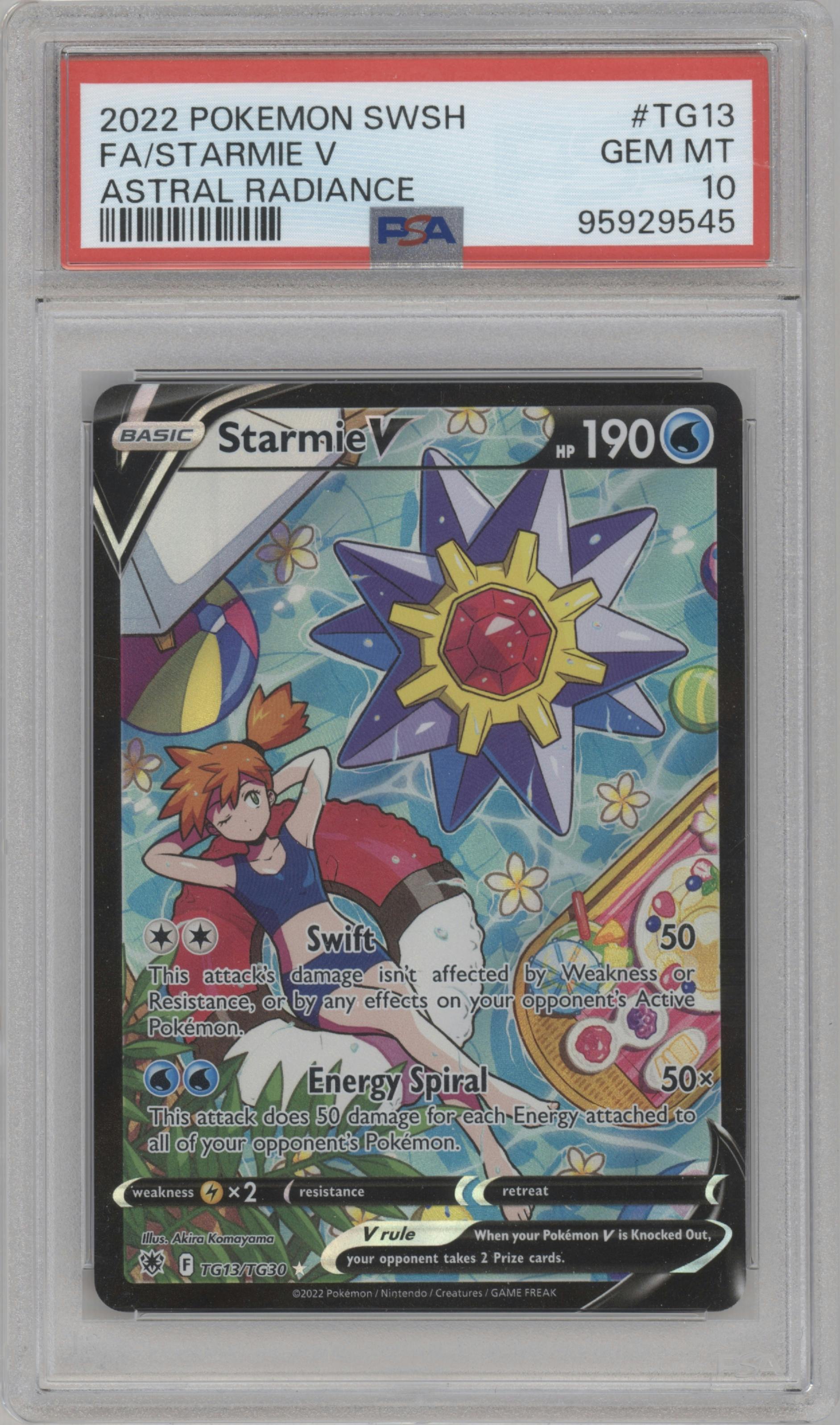 Starmie V from the 2022 Pokemon SWSH set graded by PSA and given an overall grade of 10.