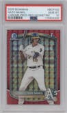 Nate Nankil from the 2025 Bowman set featuring a Red Geometric Refractor parallel graded by PSA and given an overall grade of 10.
