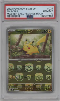 Pikachu from the 2023 Pokemon SV JPN set featuring a Master Ball parallel graded by PSA and given an overall grade of 10.