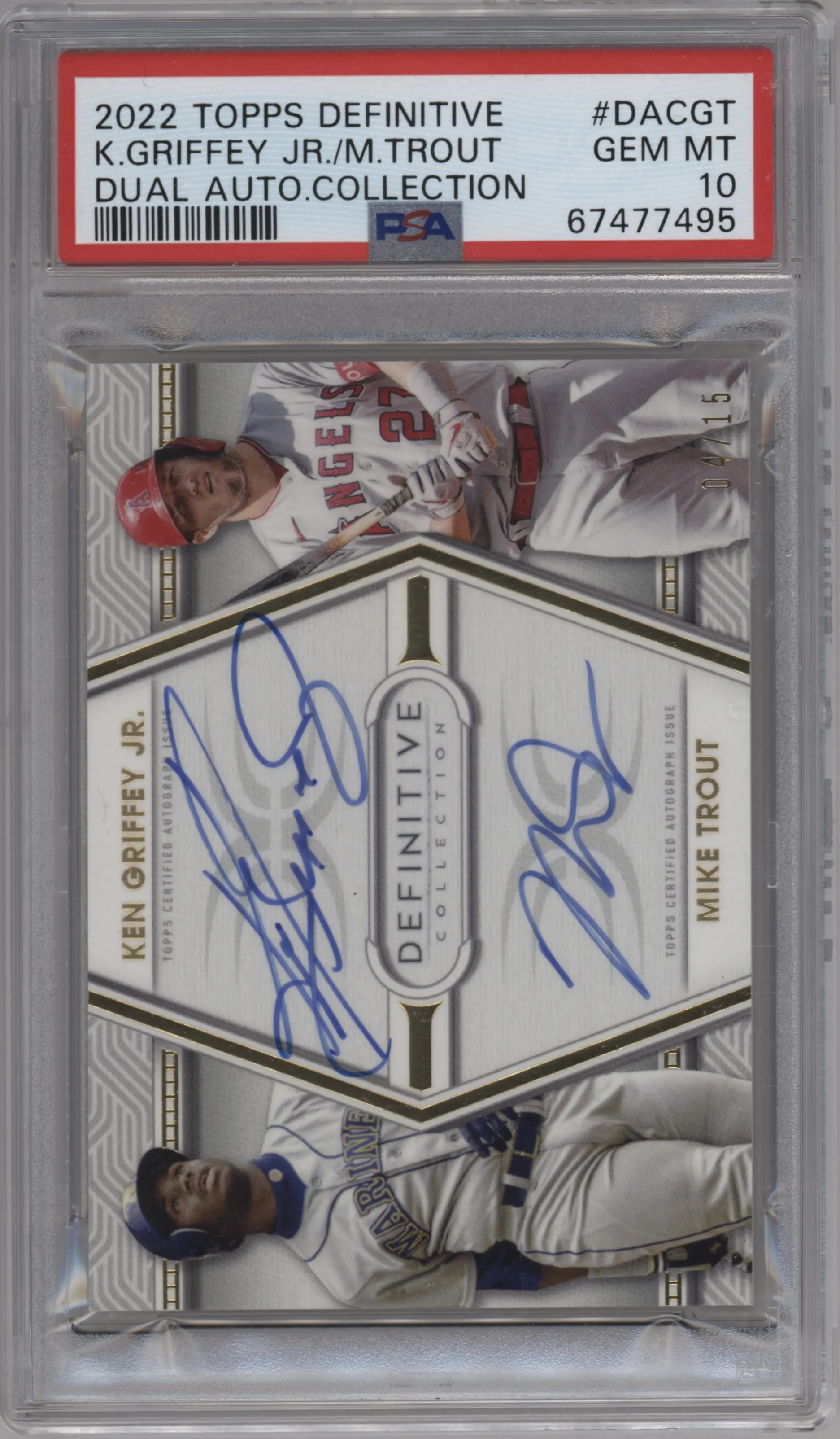 Ken Griffey Jr./Mike Trout from the 2022 Topps Definitive Collection set graded by PSA and given an overall grade of 10.