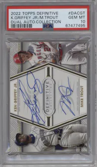 Ken Griffey Jr./Mike Trout from the 2022 Topps Definitive Collection set graded by PSA and given an overall grade of 10.