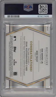 Ken Griffey Jr./Mike Trout from the 2022 Topps Definitive Collection set graded by PSA and given an overall grade of 10.