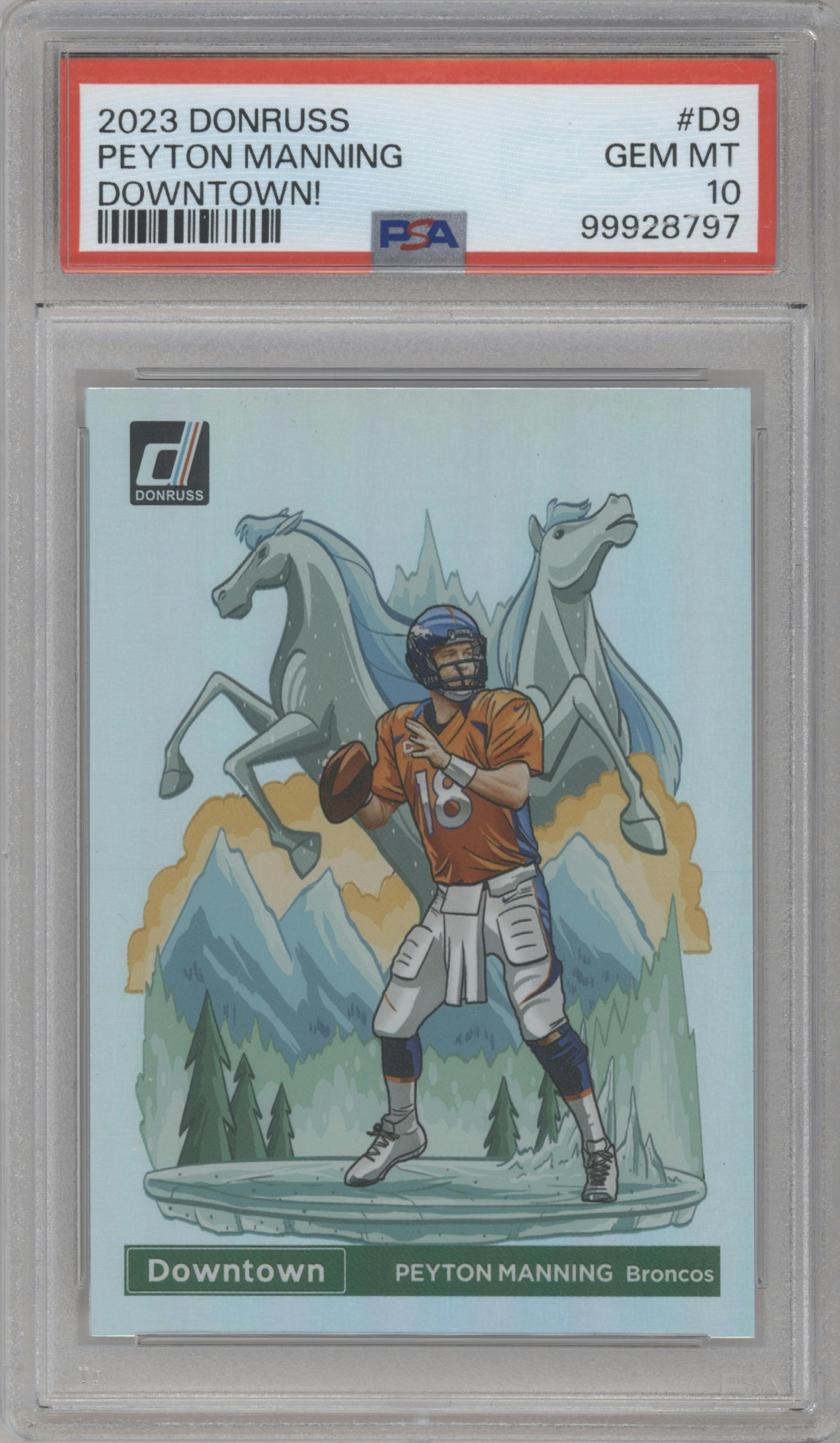 Peyton Manning from the 2023 Panini Donruss set graded by PSA and given an overall grade of 10.