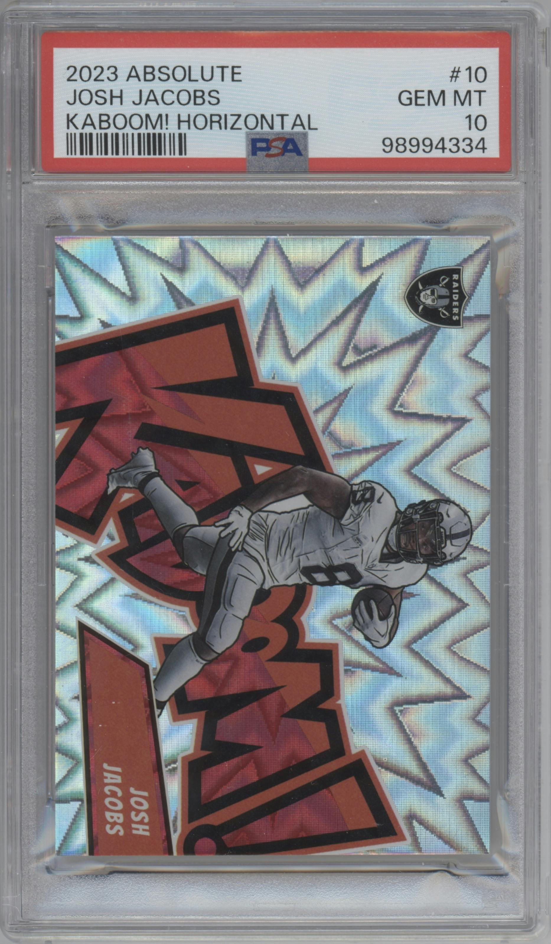 Josh Jacobs from the 2023 Panini Absolute set graded by PSA and given an overall grade of 10.