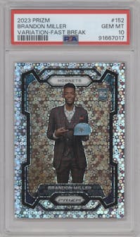 Brandon Miller from the 2023-24 Panini Prizm set featuring a Fast Break parallel graded by PSA and given an overall grade of 10.