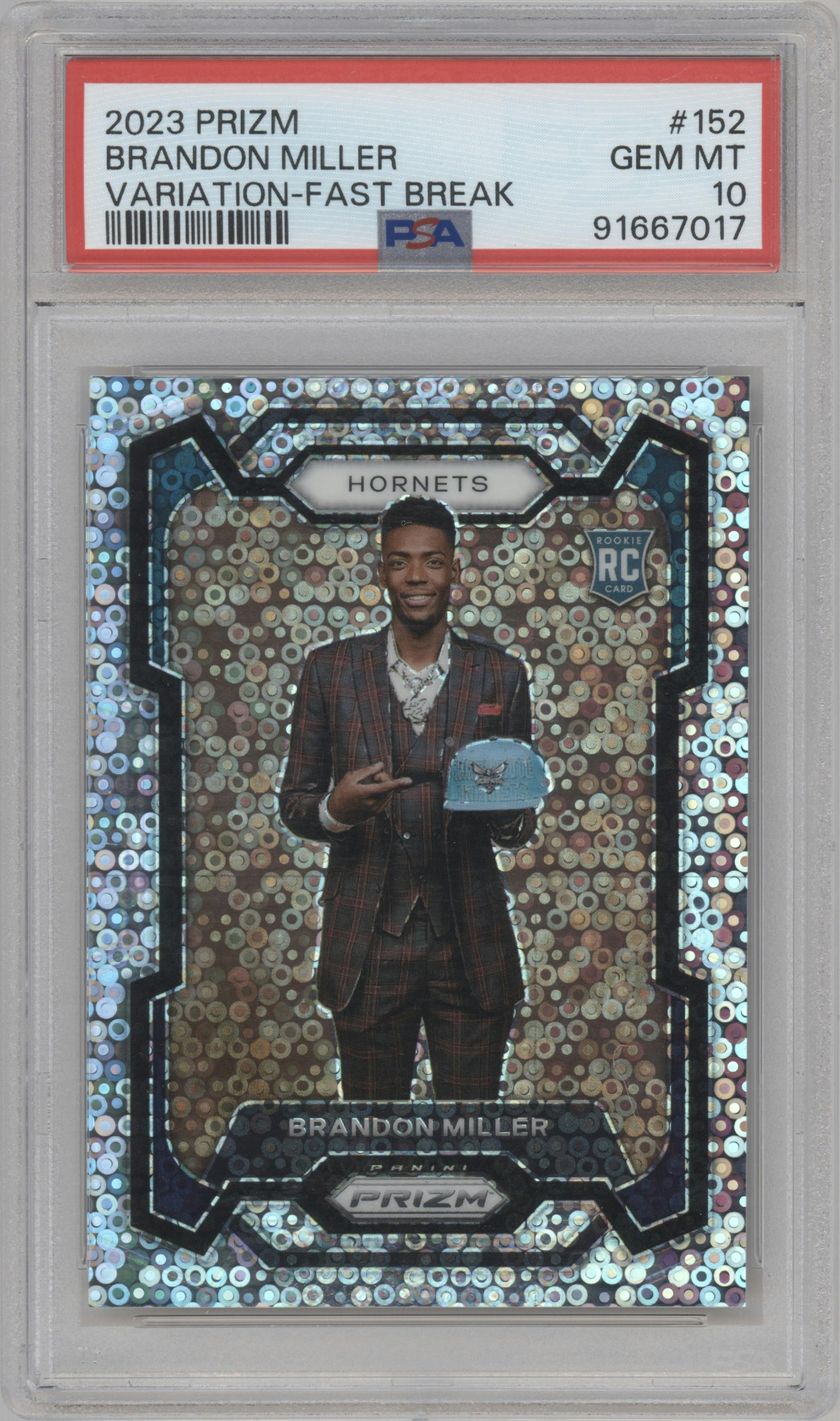 Brandon Miller from the 2023-24 Panini Prizm set featuring a Fast Break parallel graded by PSA and given an overall grade of 10.