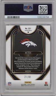 Bo Nix from the 2024 Panini Select set featuring a Dragon Scale Prizm parallel graded by PSA and given an overall grade of 10.