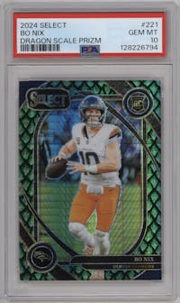 Bo Nix from the 2024 Panini Select set featuring a Dragon Scale Prizm parallel graded by PSA and given an overall grade of 10.