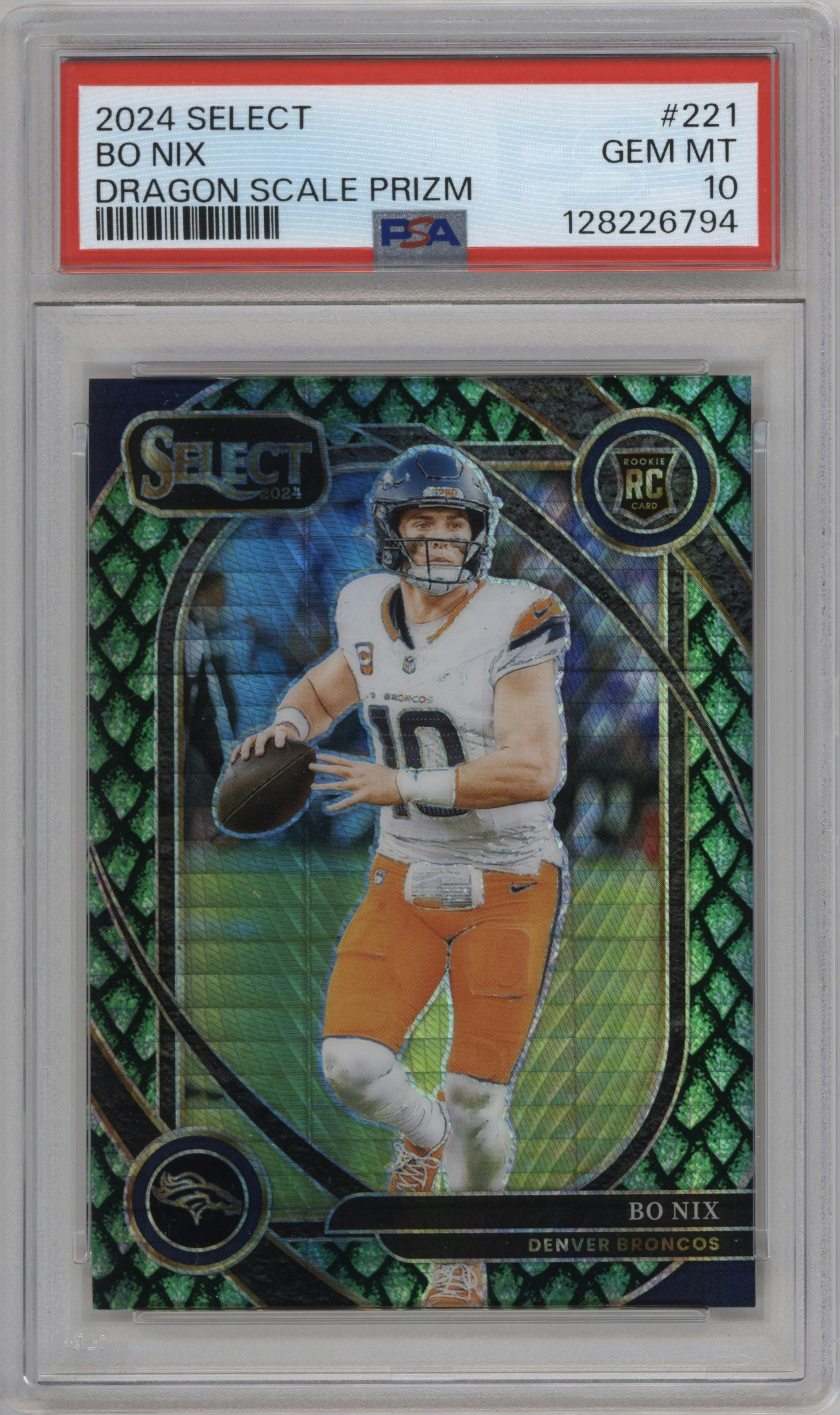 Bo Nix from the 2024 Panini Select set featuring a Dragon Scale Prizm parallel graded by PSA and given an overall grade of 10.