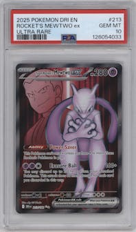 Team Rocket's Mewtwo ex from the 2025 Pokemon SV set graded by PSA and given an overall grade of 10.