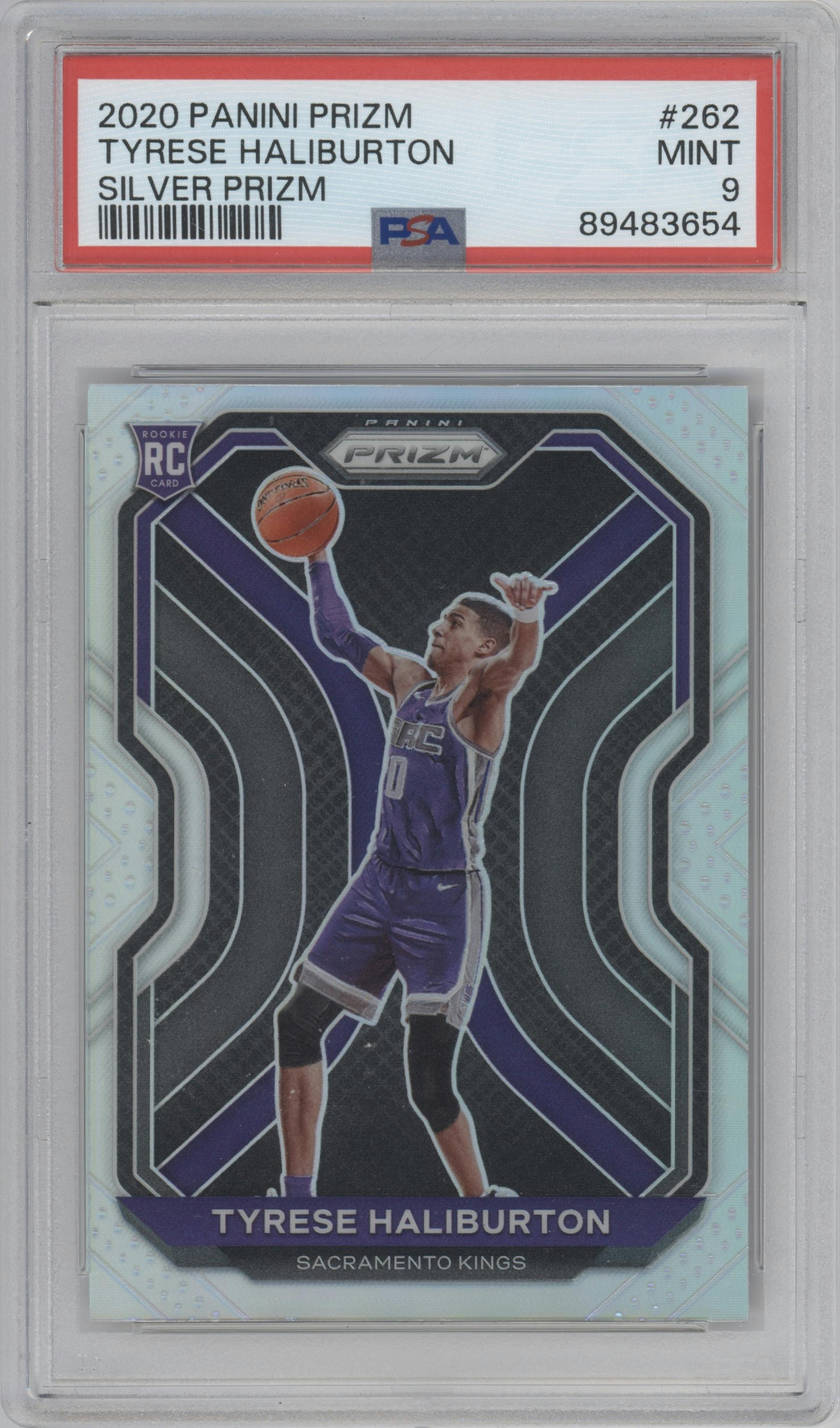 Tyrese Haliburton from the 2020-21 Panini Prizm set featuring a Silver Prizm parallel graded by PSA and given an overall grade of 9.