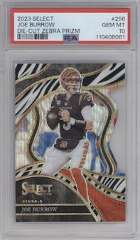 Joe Burrow from the 2023 Panini Select set featuring a Die-Cut Zebra parallel graded by PSA and given an overall grade of 10.