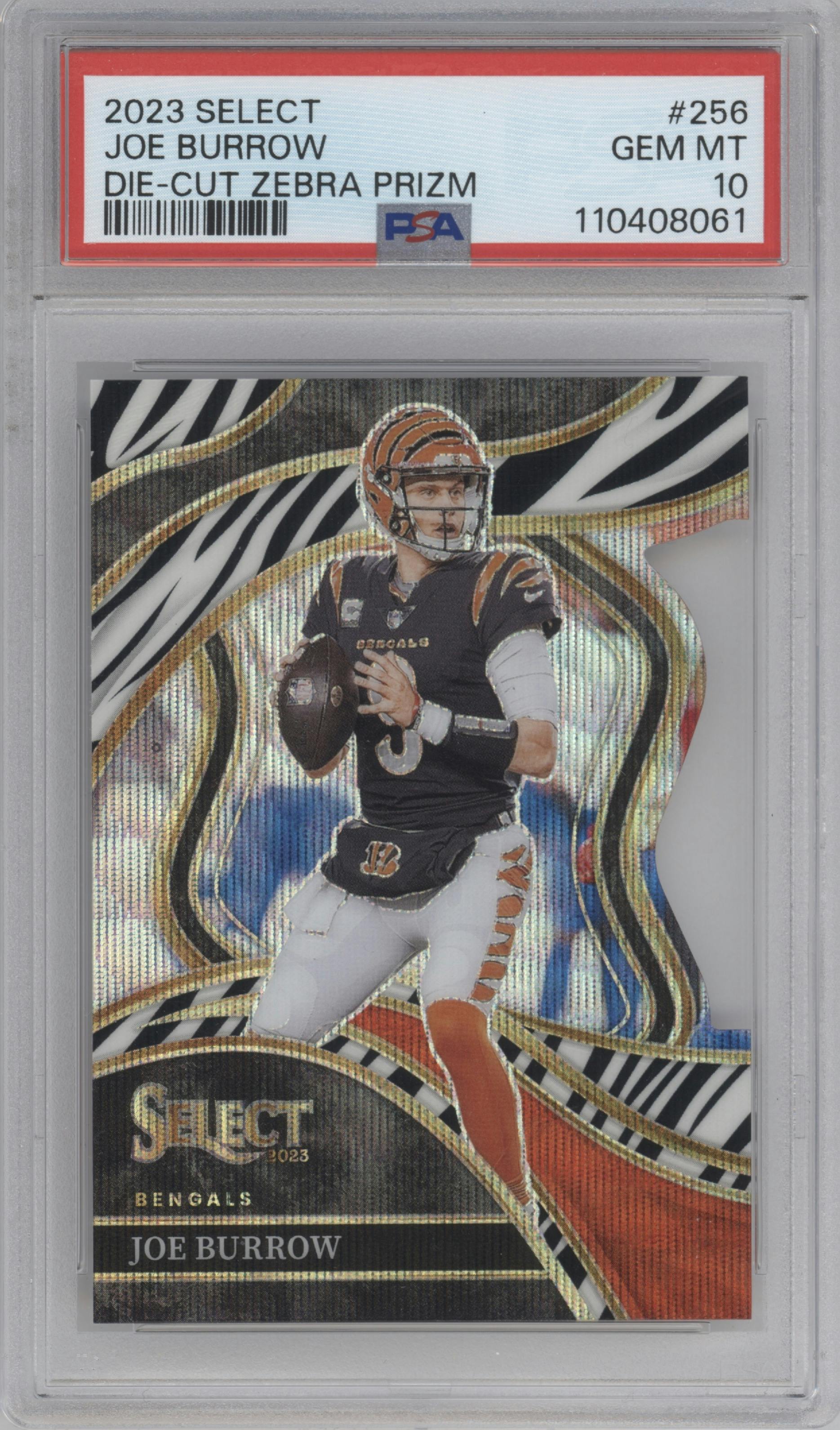 Joe Burrow from the 2023 Panini Select set featuring a Die-Cut Zebra parallel graded by PSA and given an overall grade of 10.