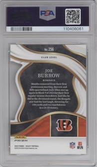Joe Burrow from the 2023 Panini Select set featuring a Die-Cut Zebra parallel graded by PSA and given an overall grade of 10.