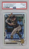 Jackson Merrill from the 2021 Bowman Draft set featuring a Refractor parallel graded by PSA and given an overall grade of 9.