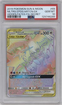 Moltres/Zapdos/Articuno GX from the 2019 Pokemon S&M  set graded by PSA and given an overall grade of 10.
