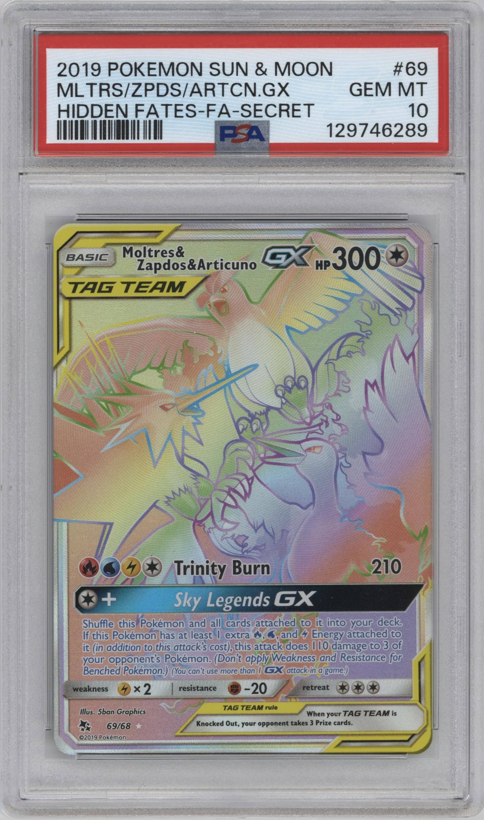 Moltres/Zapdos/Articuno GX from the 2019 Pokemon S&M  set graded by PSA and given an overall grade of 10.