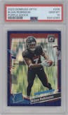 Bijan Robinson from the 2023 Donruss Optic set featuring a  Purple Shock parallel graded by PSA and given an overall grade of 10.