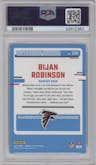 Bijan Robinson from the 2023 Donruss Optic set featuring a  Purple Shock parallel graded by PSA and given an overall grade of 10.