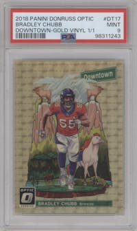 Bradley Chubb from the 2018 Panini Donruss Optic set featuring a Gold Vinyl parallel graded by PSA and given an overall grade of 9.