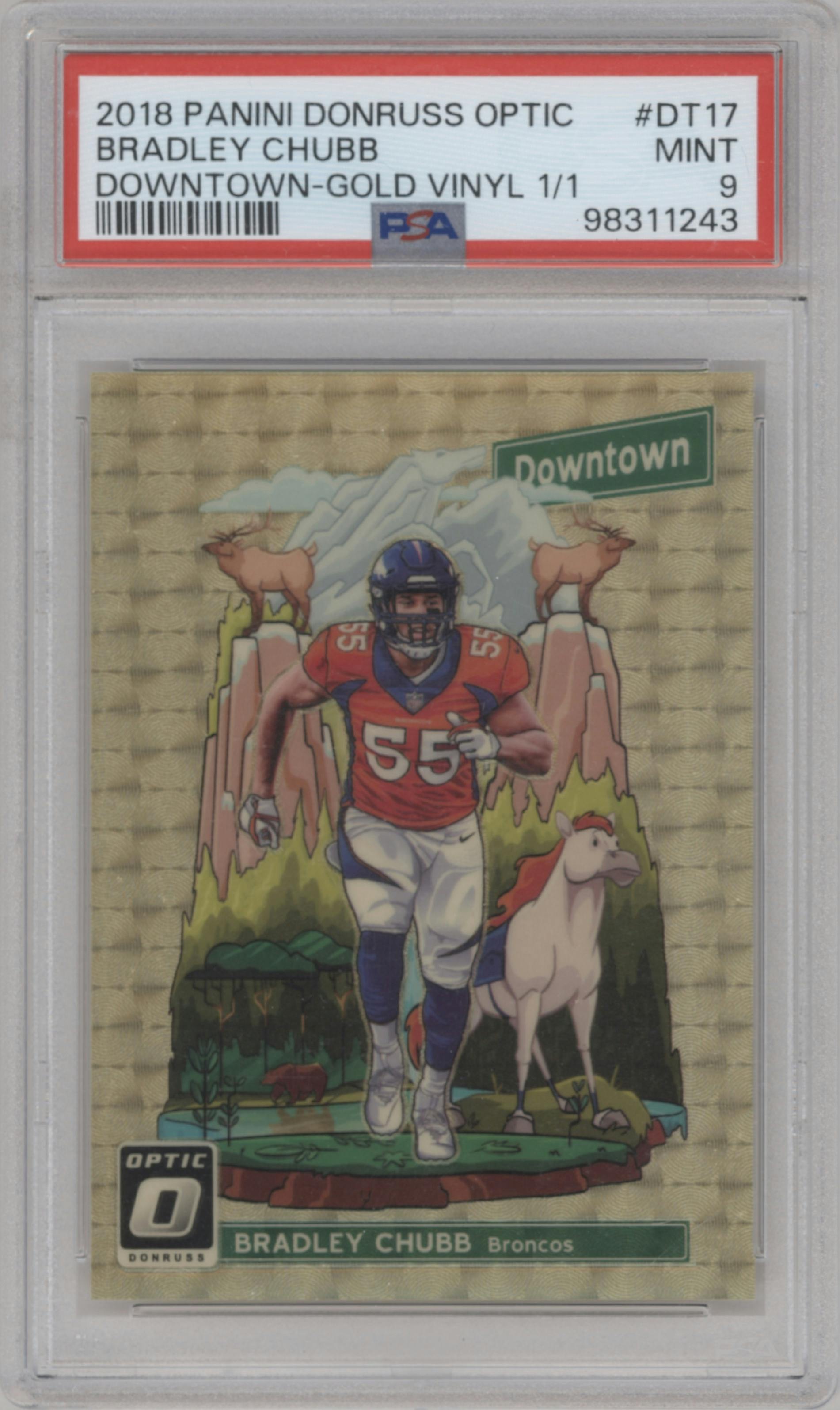 Bradley Chubb from the 2018 Panini Donruss Optic set featuring a Gold Vinyl parallel graded by PSA and given an overall grade of 9.