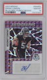 Drake London from the 2022 Panini Mosaic set featuring a Purple Mosaic parallel graded by PSA and given an overall grade of 10.