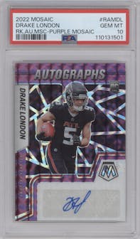 Drake London from the 2022 Panini Mosaic set featuring a Purple Mosaic parallel graded by PSA and given an overall grade of 10.