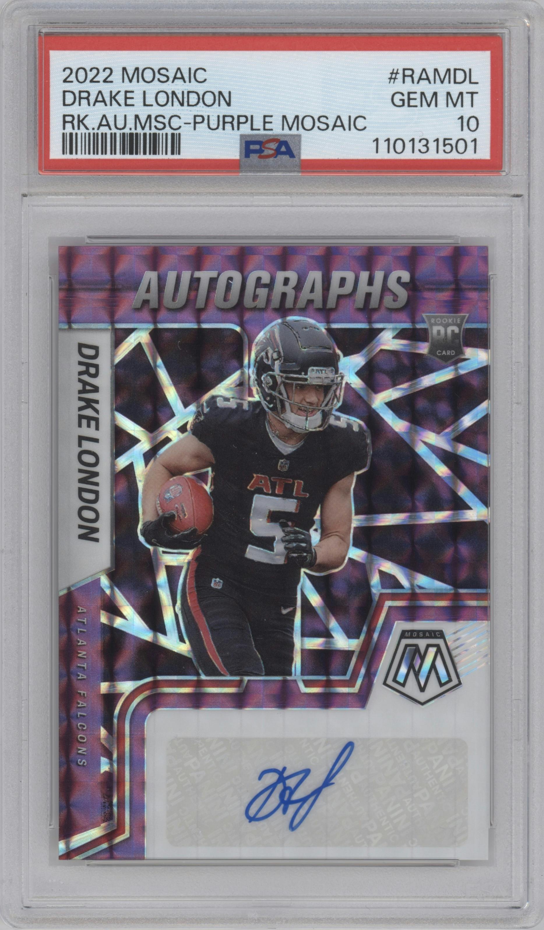 Drake London from the 2022 Panini Mosaic set featuring a Purple Mosaic parallel graded by PSA and given an overall grade of 10.