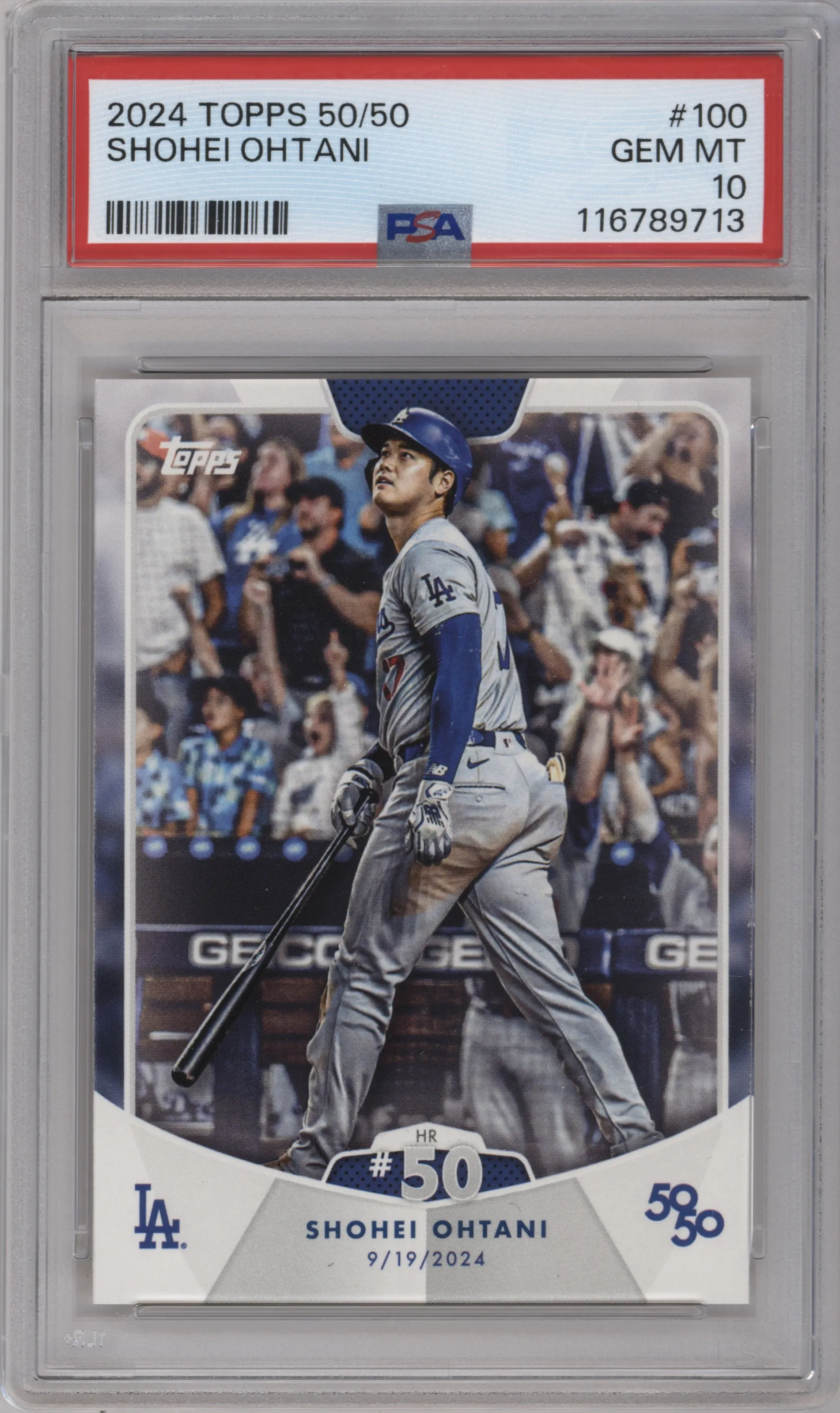 Shohei Ohtani from the 2024 Topps 50/50 set graded by PSA and given an overall grade of 10.