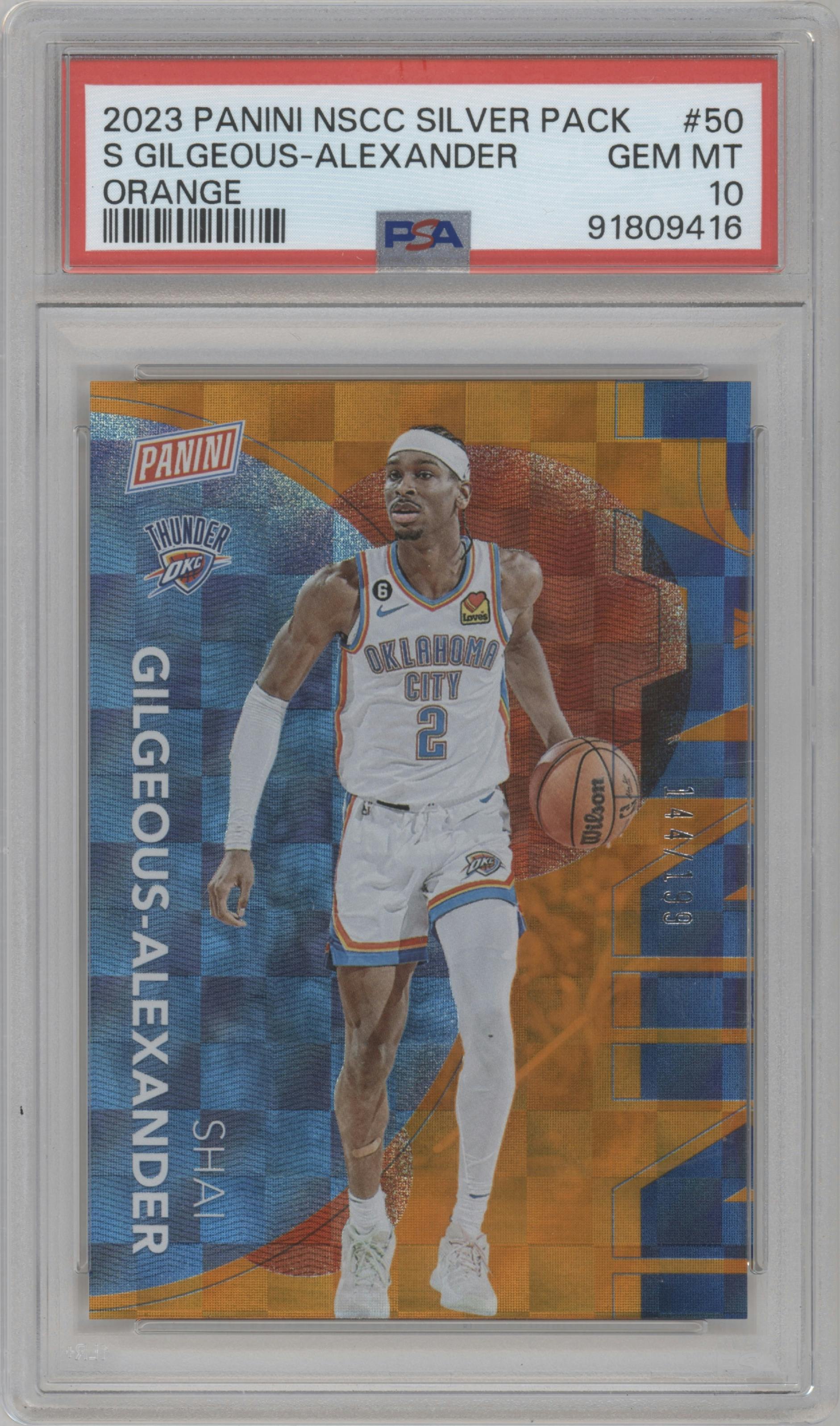 Shai Gilgeous-Alexander from the 2023 Panini NSCC Silver Pack set featuring a Orange parallel graded by PSA and given an overall grade of 10.